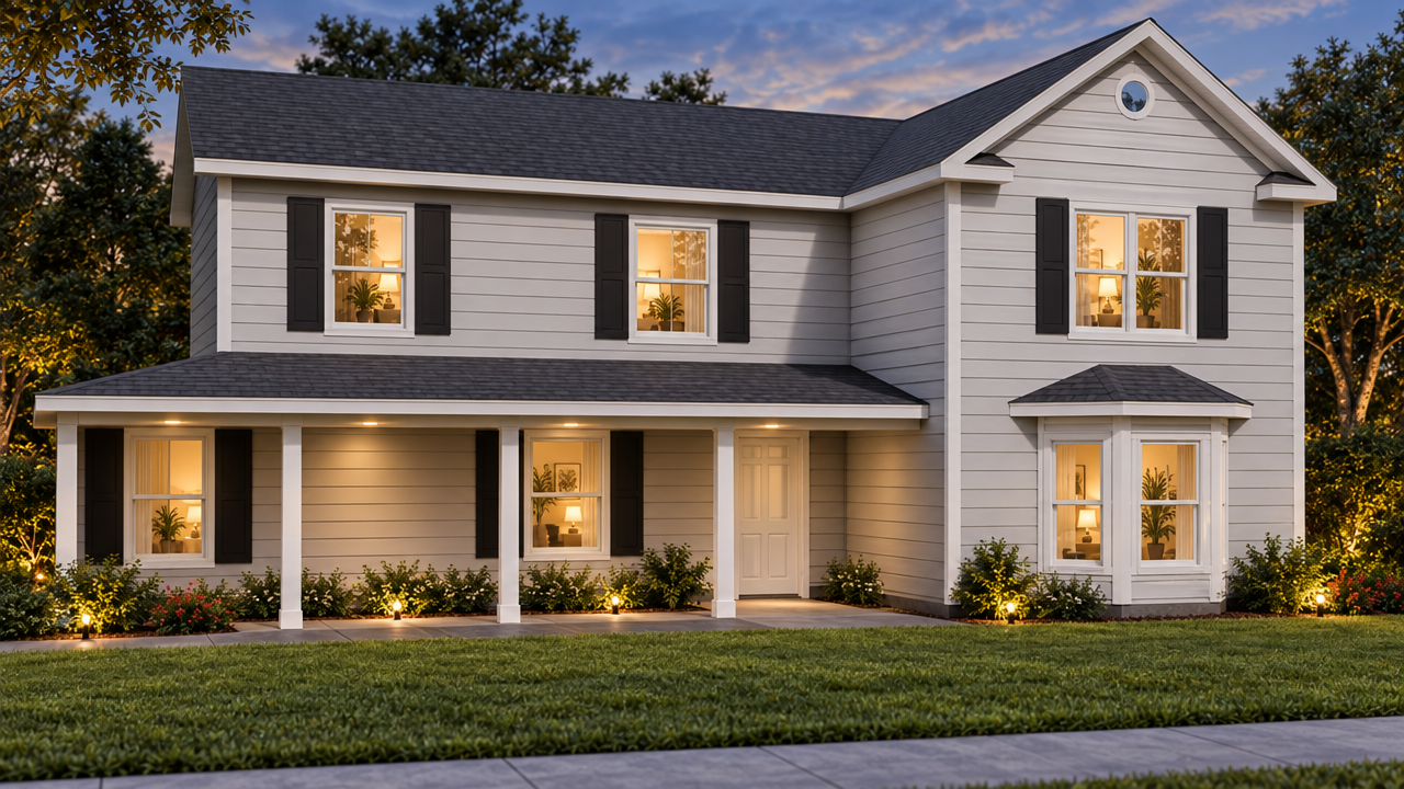 The Middleburg home plan exterior rendering at dusk by Quality Family Homes in Florida & Georgia