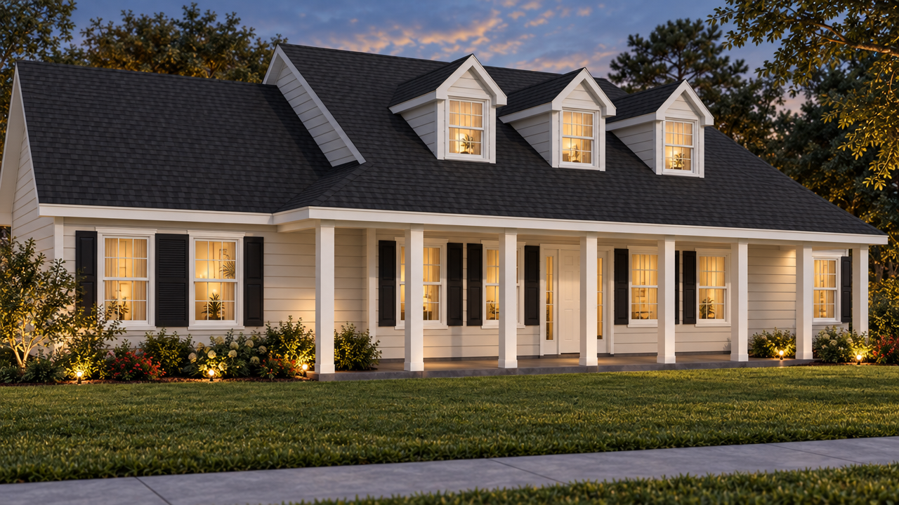 The Tupelo home plan exterior rendering at dusk by Quality Family Homes in Florida & Georgia
