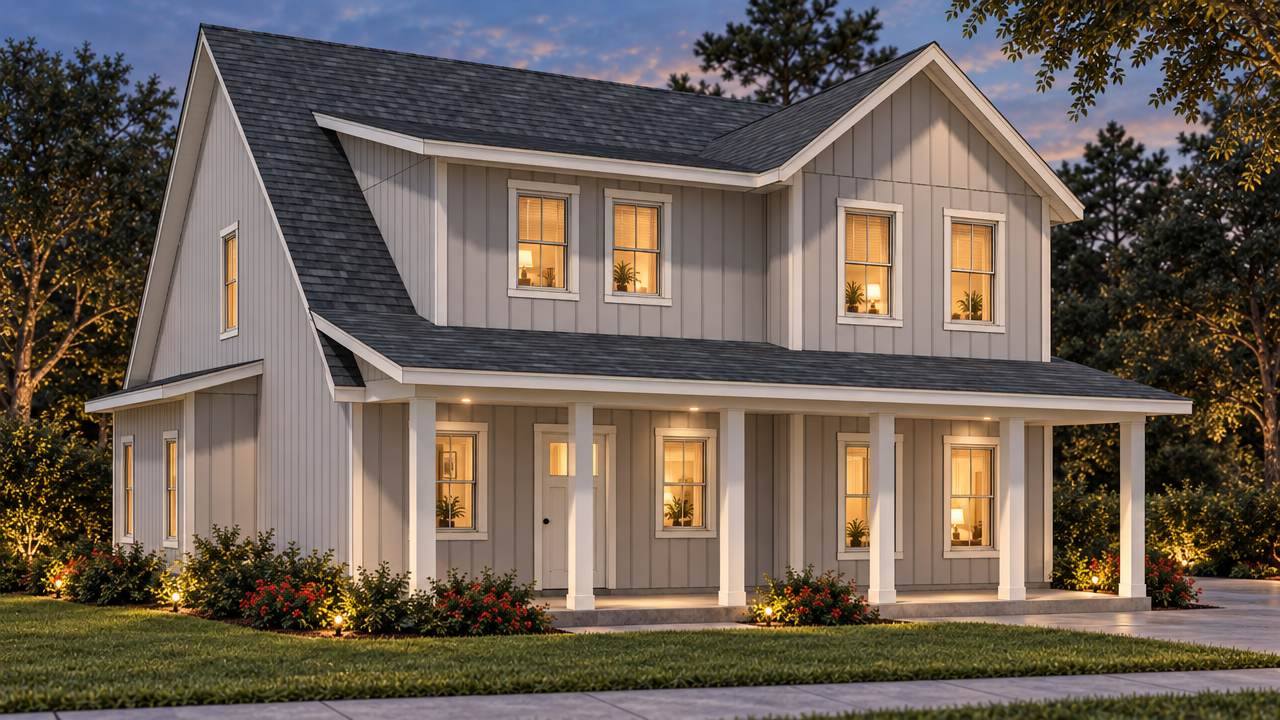 The Hamilton home plan exterior rendering at dusk by Quality Family Homes in Florida & Georgia