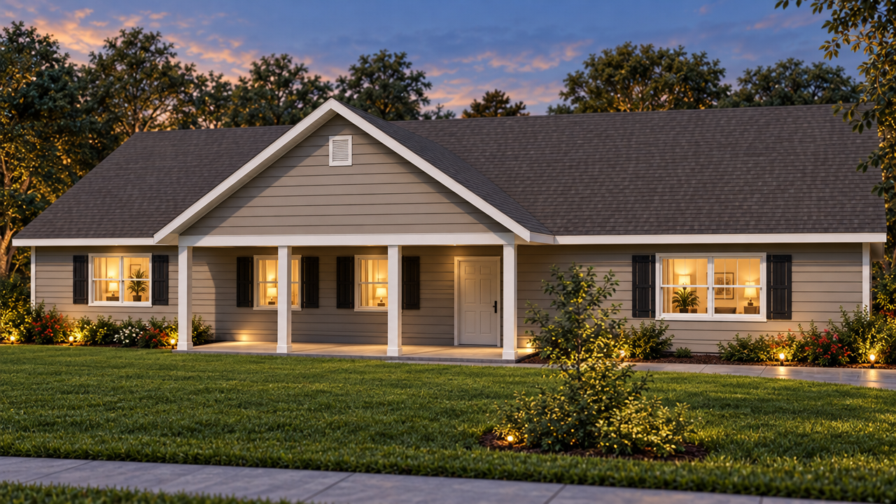 The Fort Braden home plan exterior rendering at dusk by Quality Family Homes in Florida & Georgia