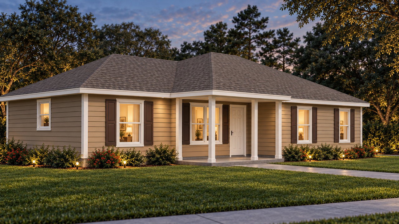 The Oglethorpe home plan exterior rendering at dusk by Quality Family Homes in Florida & Georgia