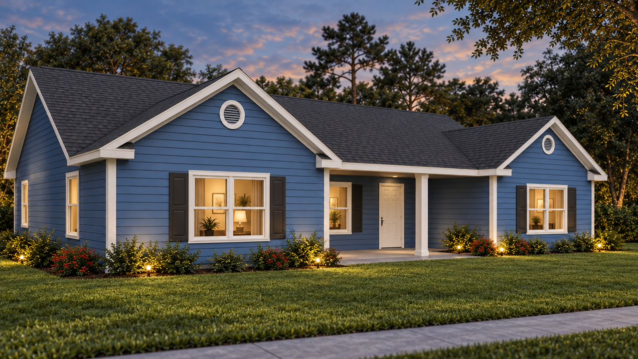The Woodville home plan exterior rendering at dusk by Quality Family Homes in Florida & Georgia