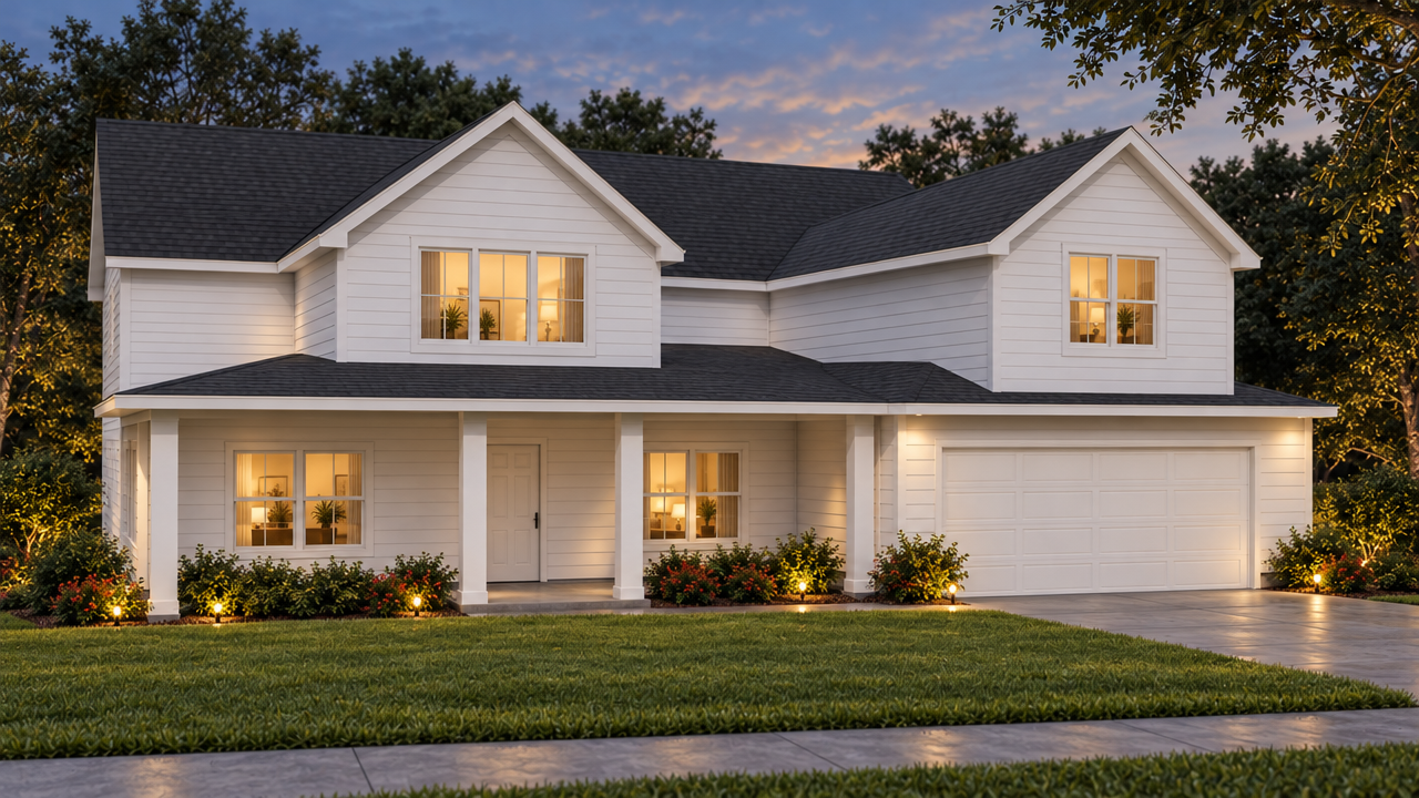 The Kennesaw home plan exterior rendering at dusk by Quality Family Homes in Florida & Georgia
