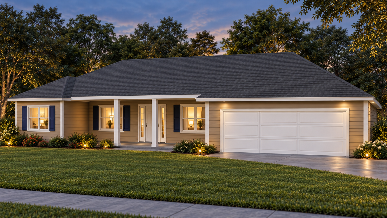 The Crawfordville home plan exterior rendering at dusk by Quality Family Homes in Florida & Georgia