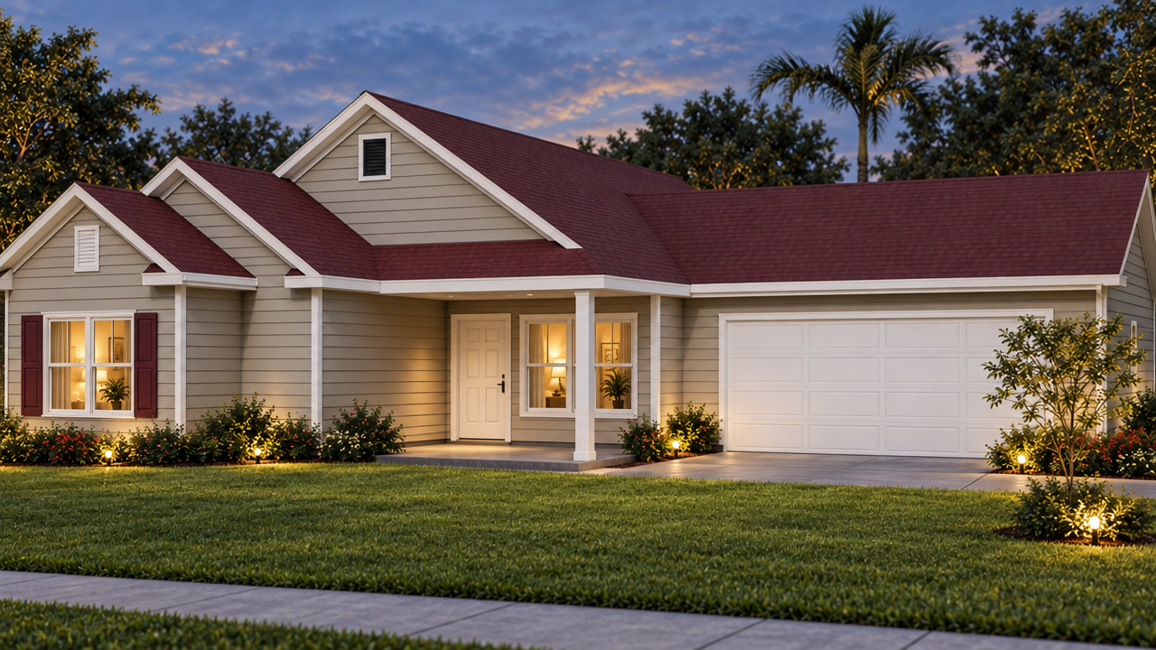 The Midway home plan exterior rendering at dusk by Quality Family Homes in Florida & Georgia