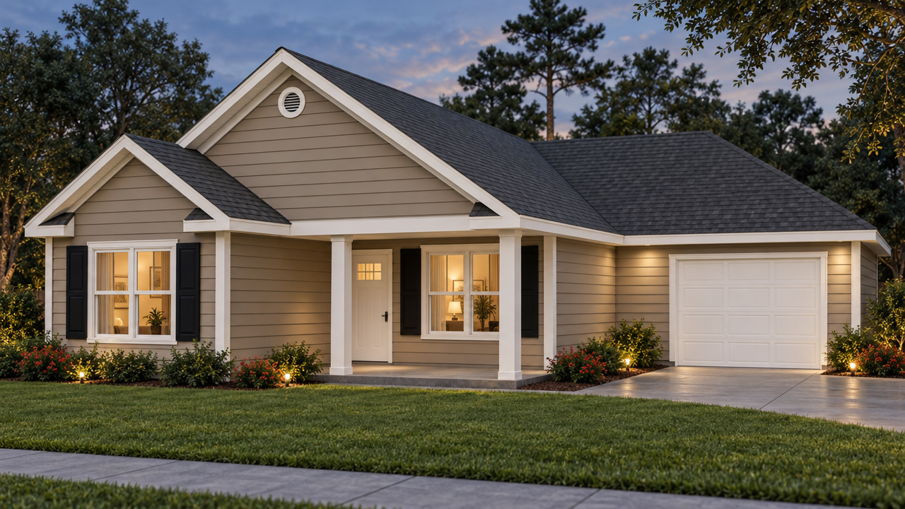 The Auburndale home plan exterior rendering at dusk by Quality Family Homes in Florida & Georgia