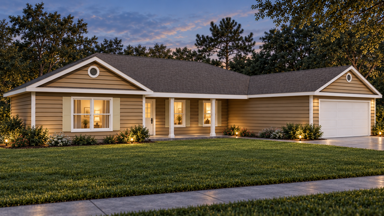 The Bradway home plan exterior rendering at dusk by Quality Family Homes in Florida & Georgia