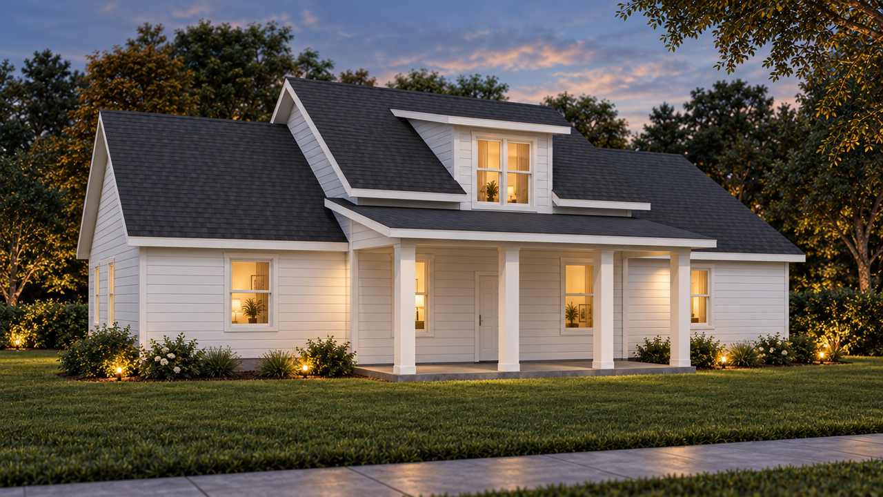 The Monticello home plan exterior rendering at dusk by Quality Family Homes in Florida & Georgia