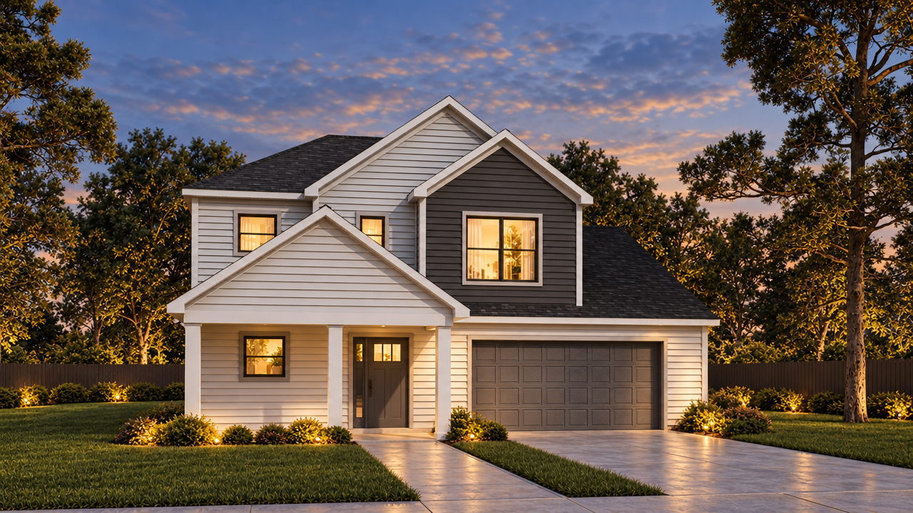 The Tucker home plan exterior rendering at dusk by Quality Family Homes in Florida & Georgia