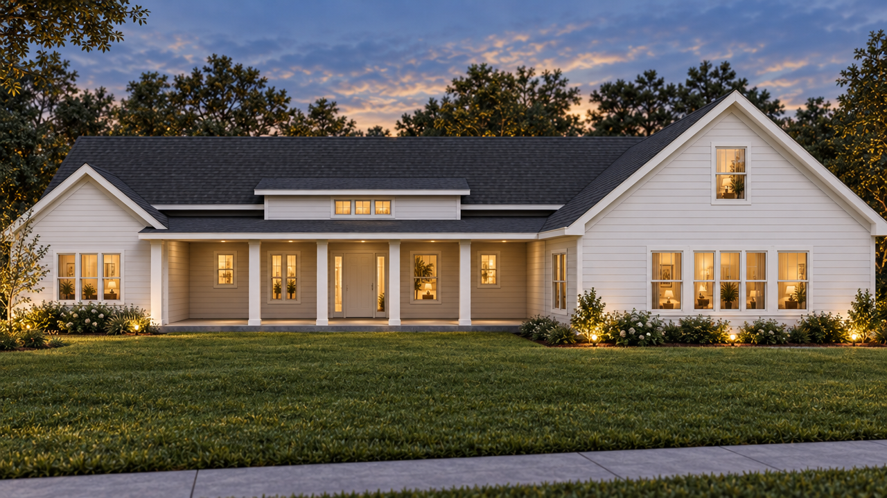 The Marietta home plan exterior rendering at dusk by Quality Family Homes in Florida & Georgia