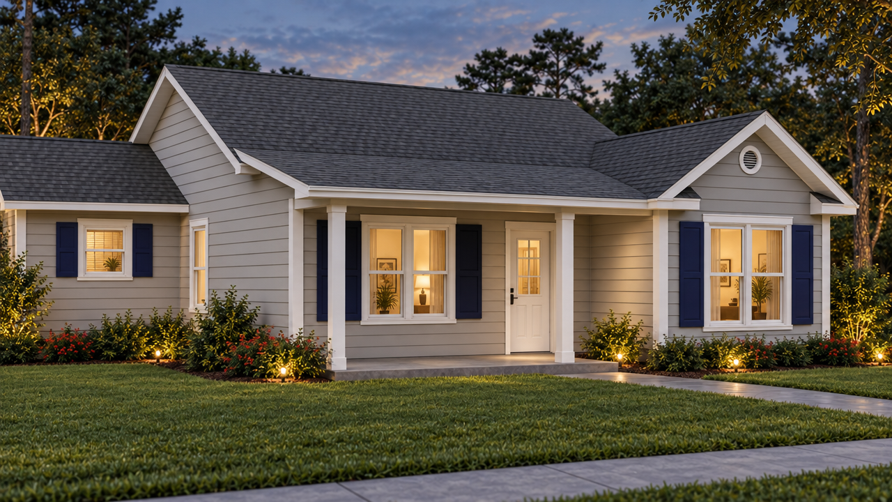 The Fort White home plan exterior rendering at dusk by Quality Family Homes in Florida & Georgia