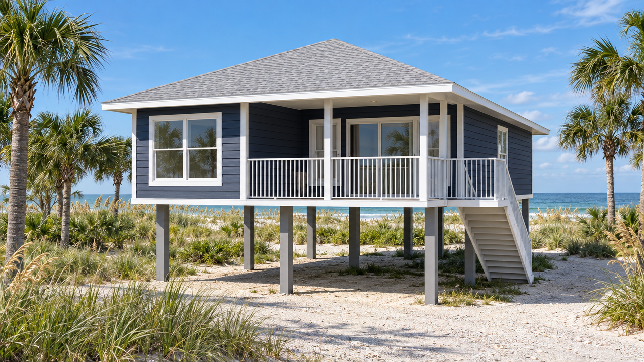 The Carrabelle home plan exterior rendering at dusk by Quality Family Homes in Florida & Georgia