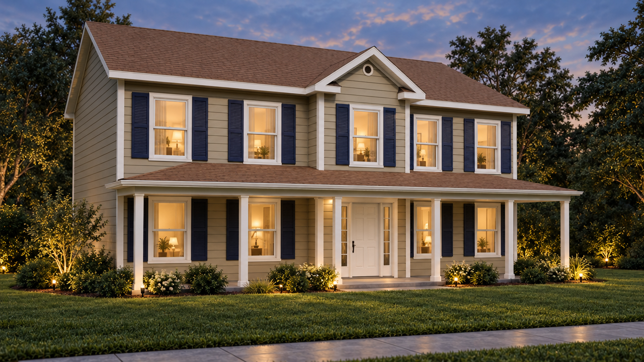 The Newnan B home plan exterior rendering at dusk by Quality Family Homes in Florida & Georgia