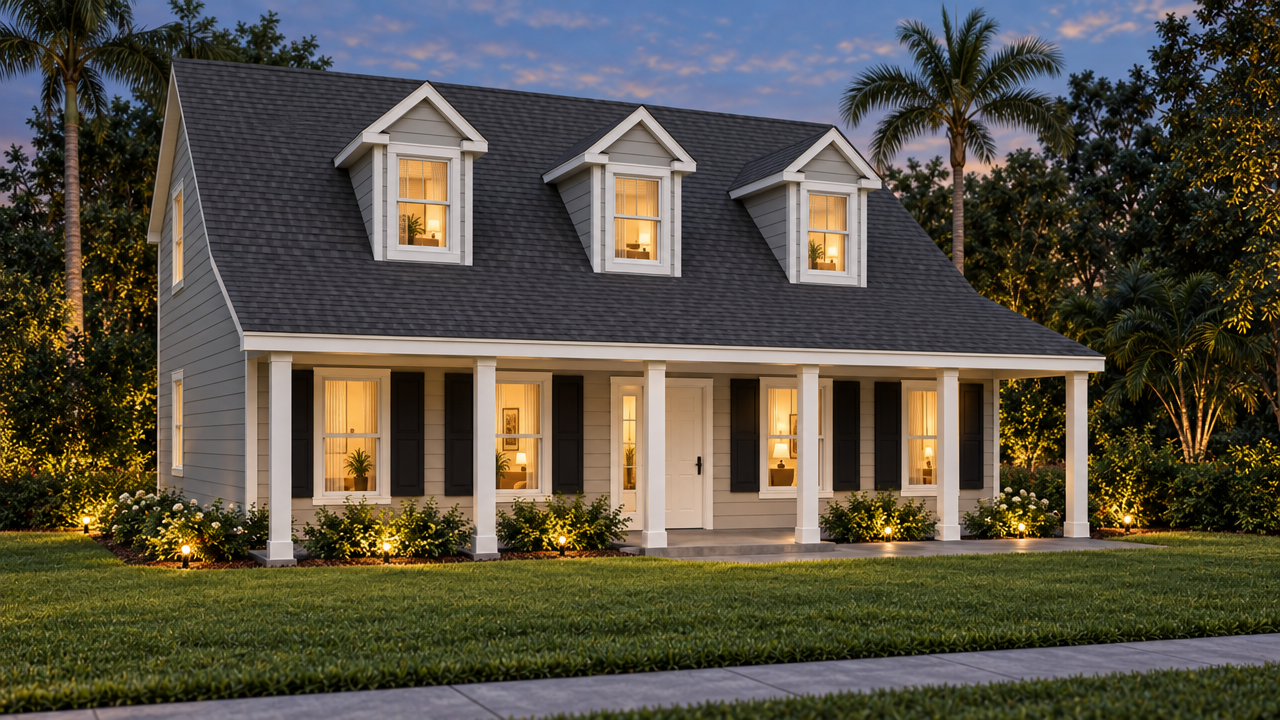 The Quincy home plan exterior rendering at dusk by Quality Family Homes in Florida & Georgia