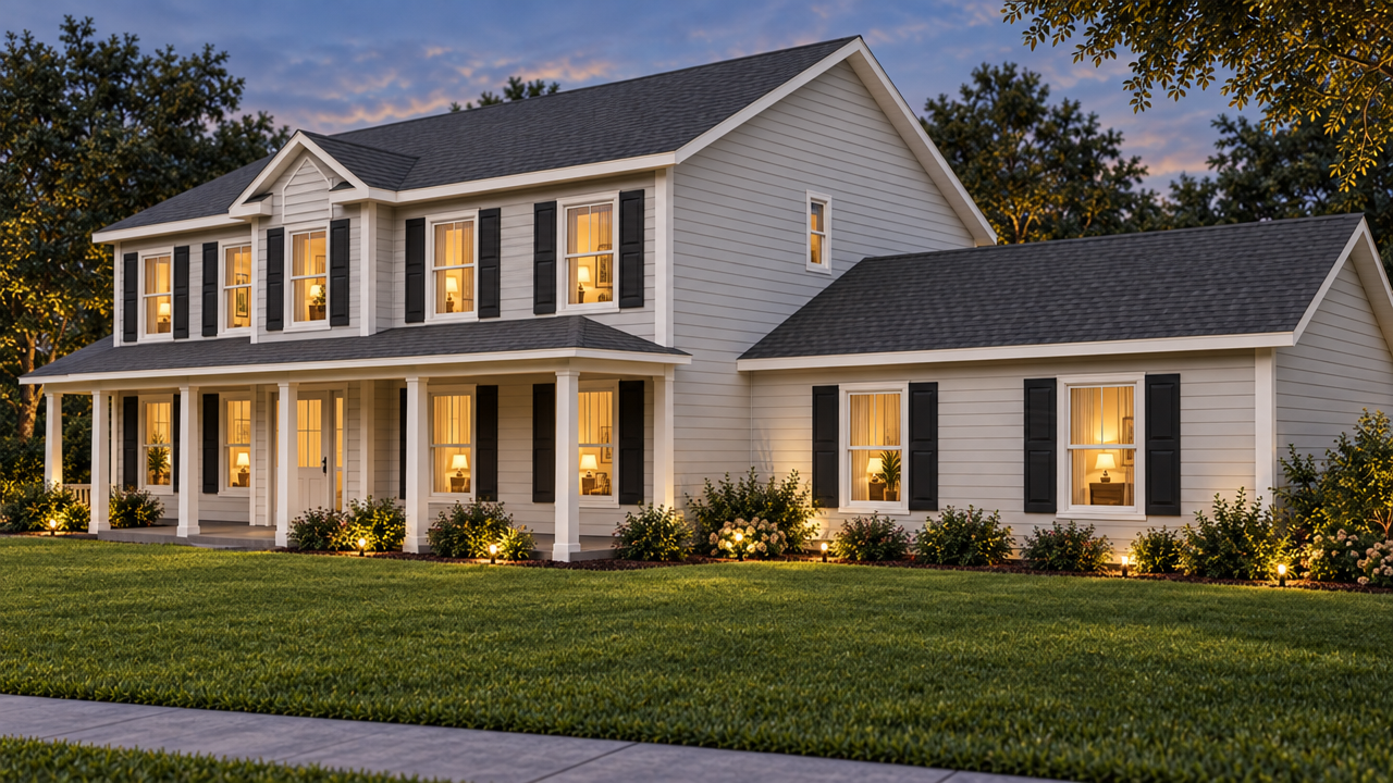 The Newnan Grand B home plan exterior rendering at dusk by Quality Family Homes in Florida & Georgia