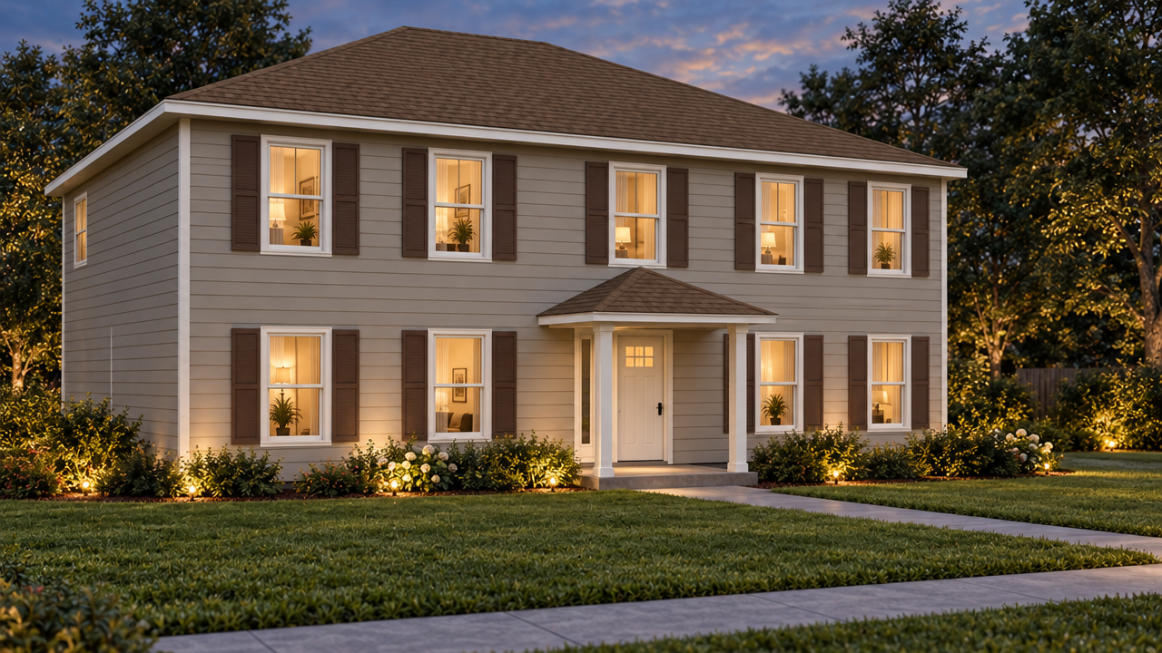 The Macon A home plan exterior rendering at dusk by Quality Family Homes in Florida & Georgia