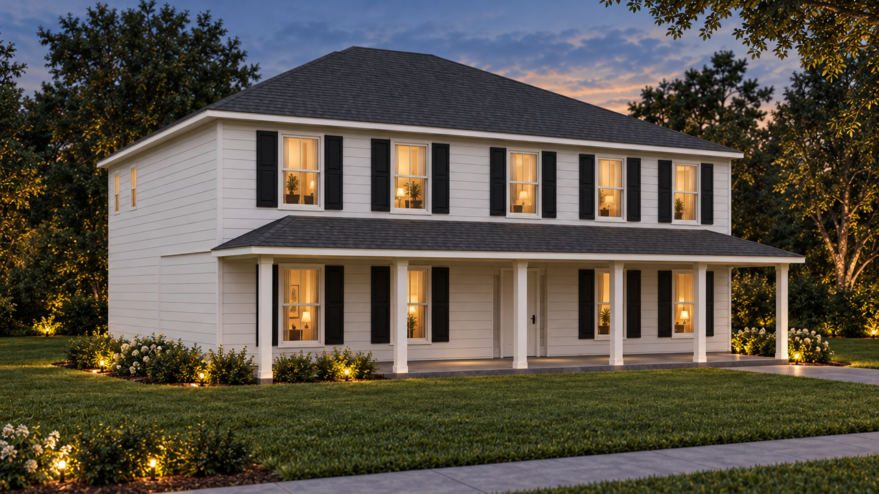 The Macon B home plan exterior rendering at dusk by Quality Family Homes in Florida & Georgia