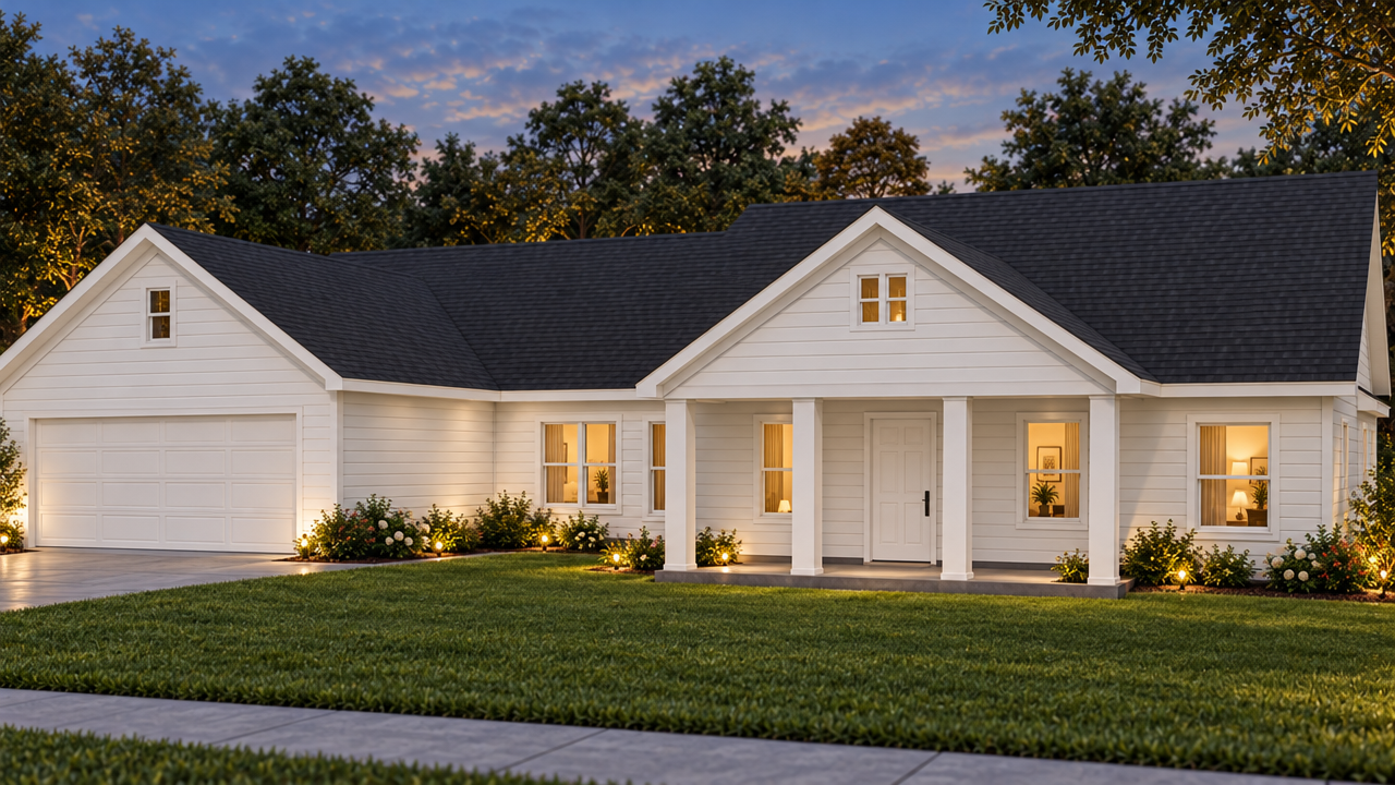 The Covington home plan exterior rendering at dusk by Quality Family Homes in Florida & Georgia