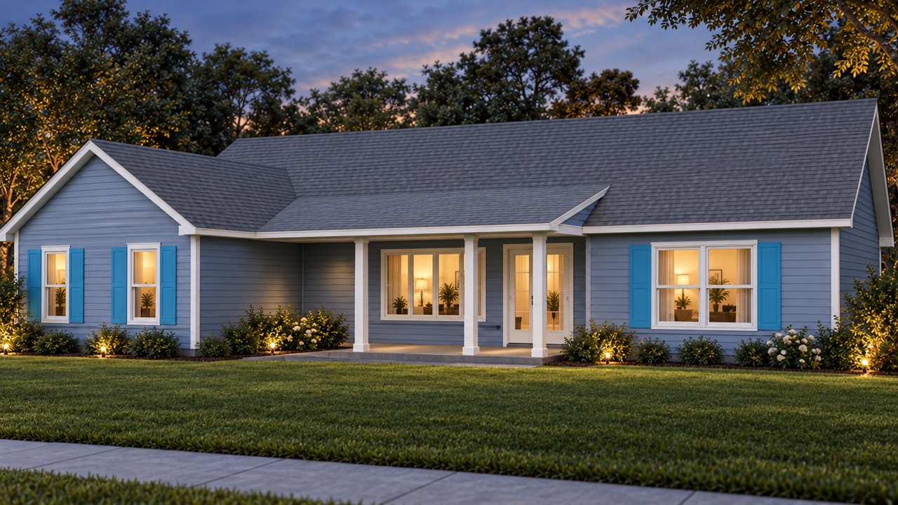 The Jennings home plan exterior rendering at dusk by Quality Family Homes in Florida & Georgia
