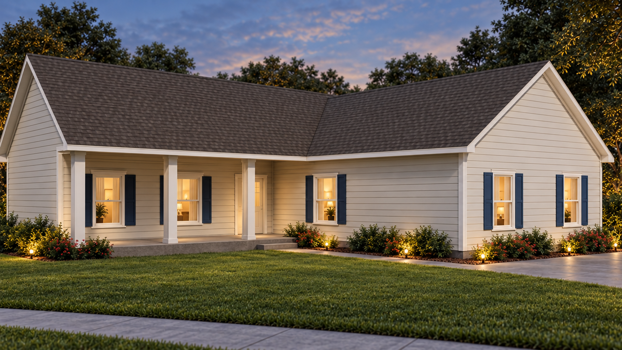 The Granbury home plan exterior rendering at dusk by Quality Family Homes in Florida & Georgia