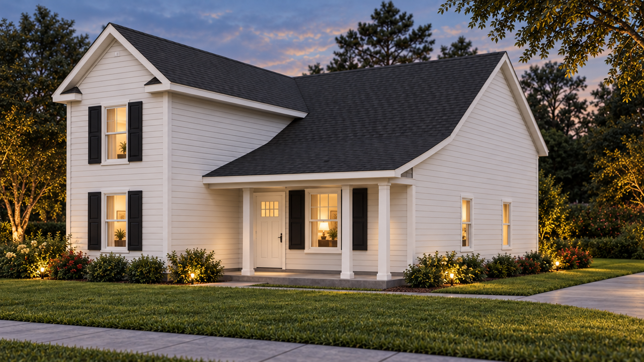 The Mandarin 3 home plan exterior rendering at dusk by Quality Family Homes in Florida & Georgia