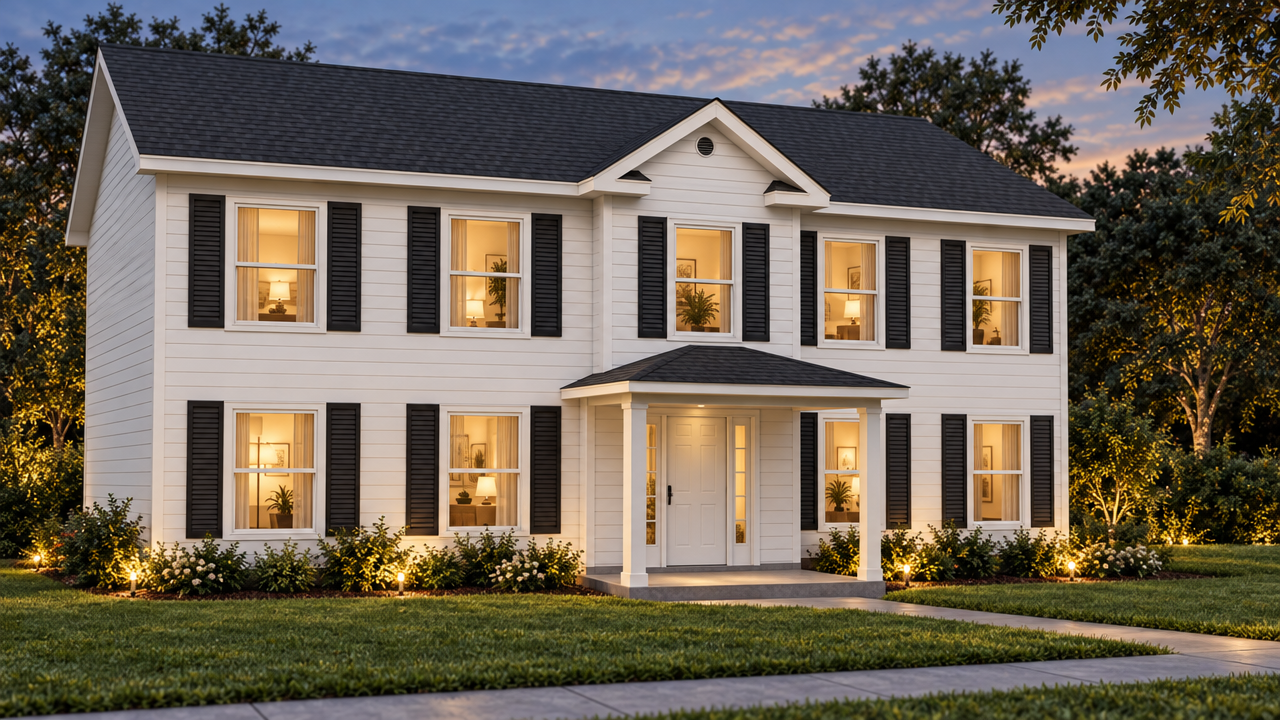 The Newnan A home plan exterior rendering at dusk by Quality Family Homes in Florida & Georgia