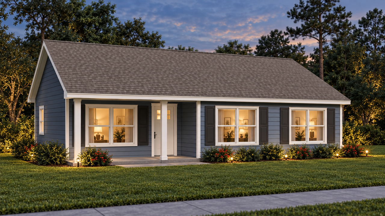 The Perry home plan exterior rendering at dusk by Quality Family Homes in Florida & Georgia