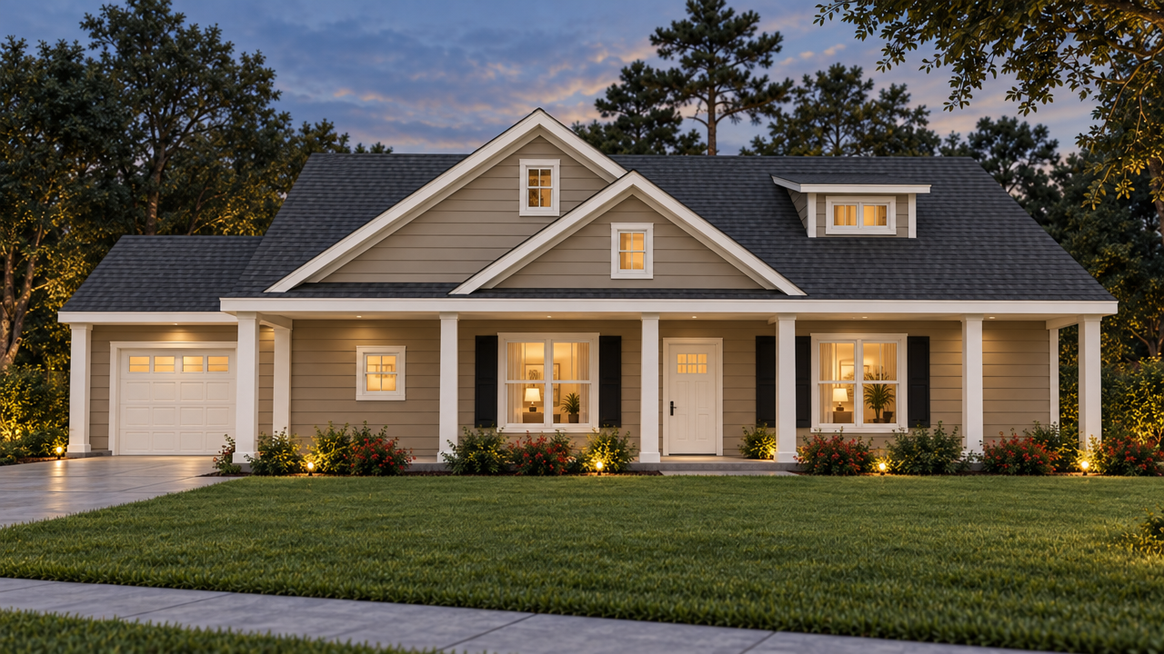 The Douglasville home plan exterior rendering at dusk by Quality Family Homes in Florida & Georgia