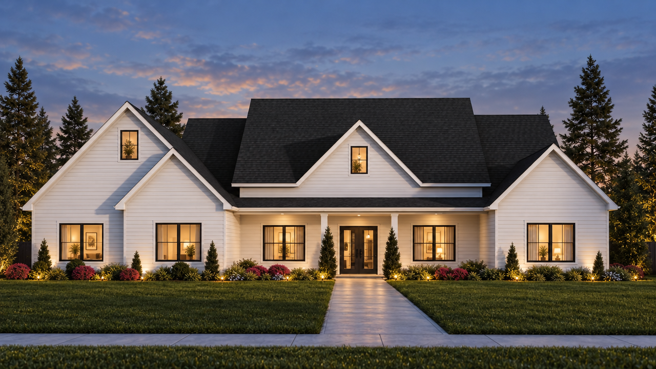 The Savannah home plan exterior rendering at dusk by Quality Family Homes in Florida & Georgia