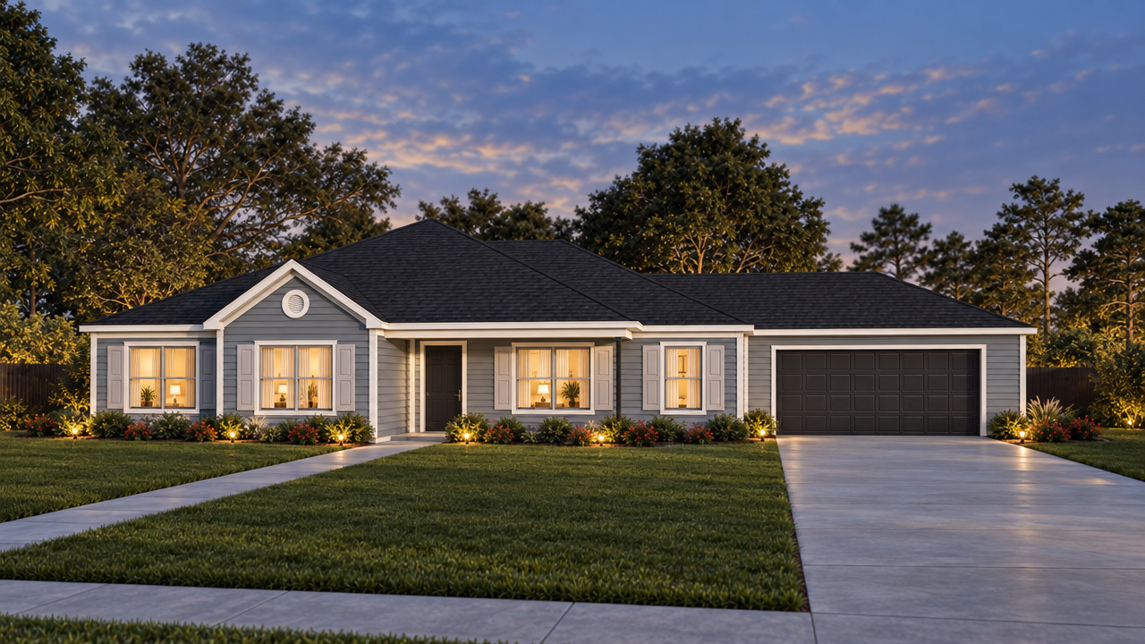 The Branford 3 home plan exterior rendering at dusk by Quality Family Homes in Florida & Georgia