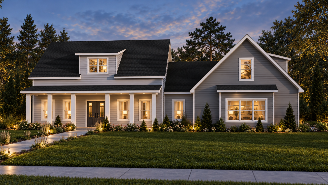 The Tallahassee home plan exterior rendering at dusk by Quality Family Homes in Florida & Georgia