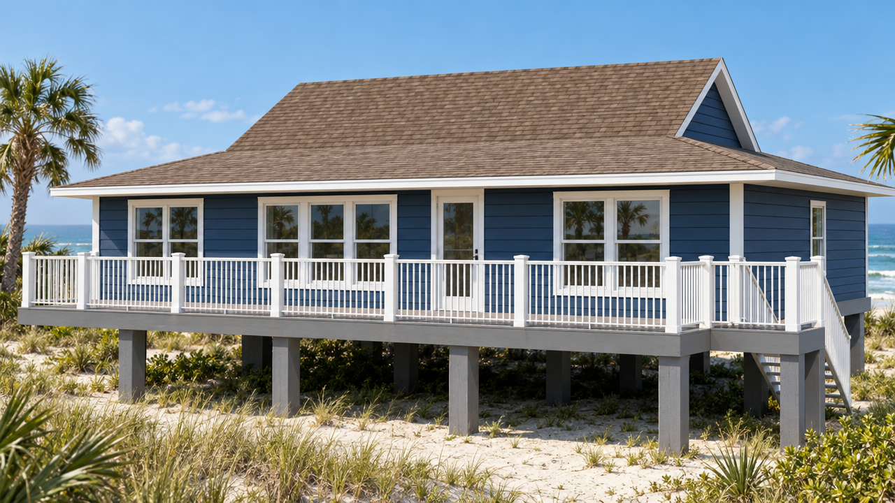 The Fernandina home plan exterior rendering at dusk by Quality Family Homes in Florida & Georgia