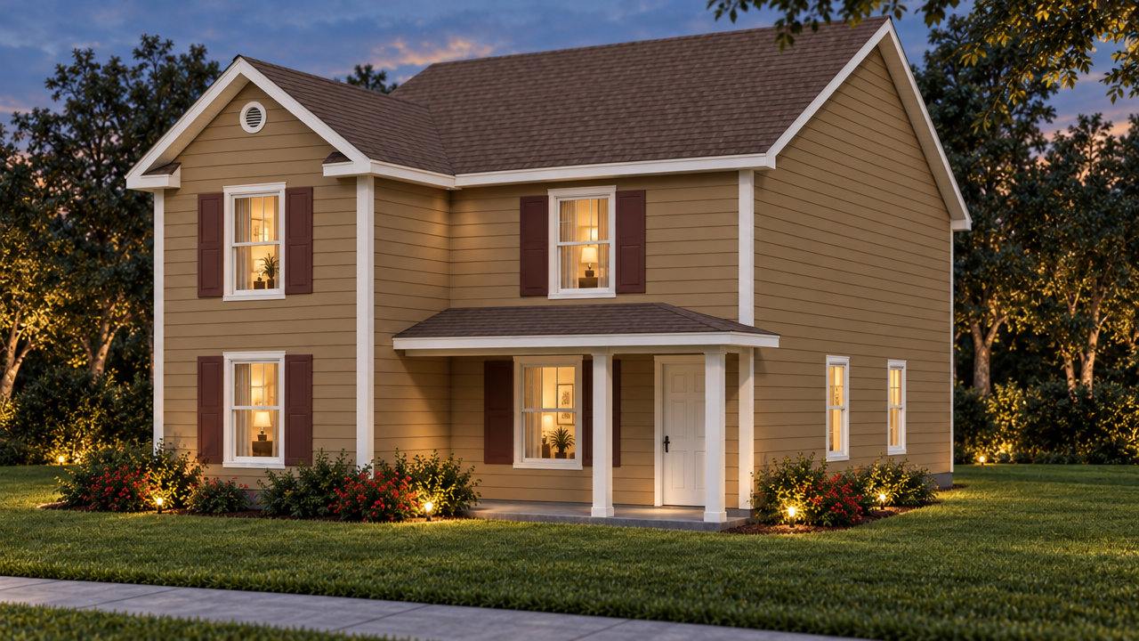 The Mandarin 5 home plan exterior rendering at dusk by Quality Family Homes in Florida & Georgia