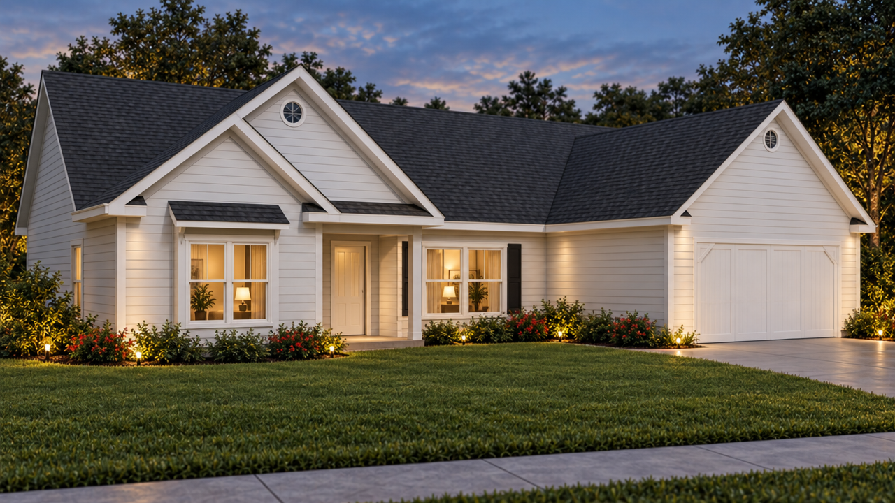 The Zebulon home plan exterior rendering at dusk by Quality Family Homes in Florida & Georgia