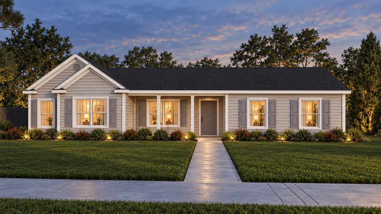 The Yulee home plan exterior rendering at dusk by Quality Family Homes in Florida & Georgia