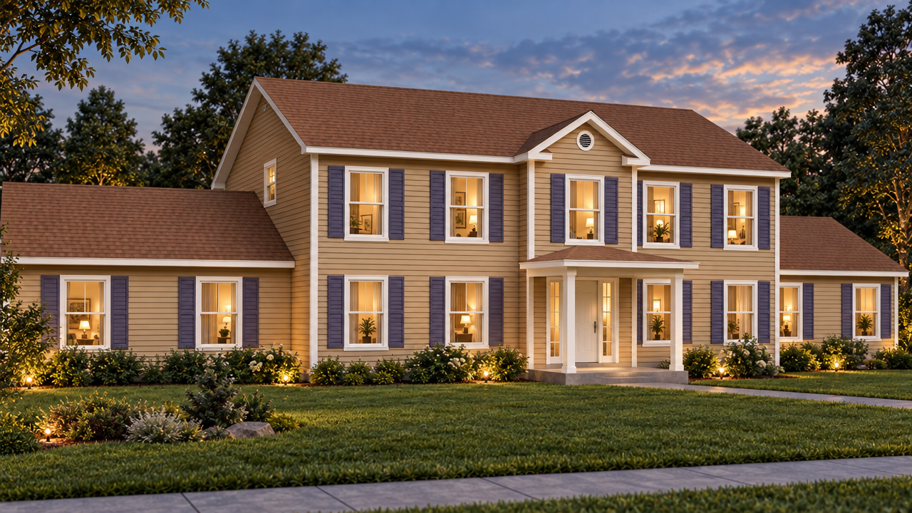 The Newnan Grand A home plan exterior rendering at dusk by Quality Family Homes in Florida & Georgia