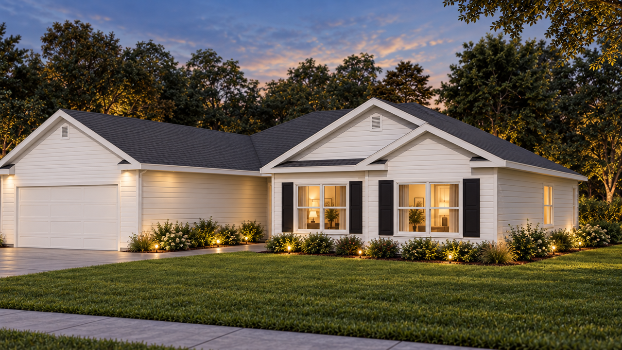 The Ocala home plan exterior rendering at dusk by Quality Family Homes in Florida & Georgia