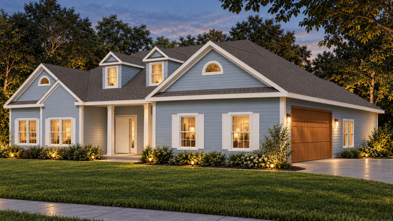 The Madison home plan exterior rendering at dusk by Quality Family Homes in Florida & Georgia