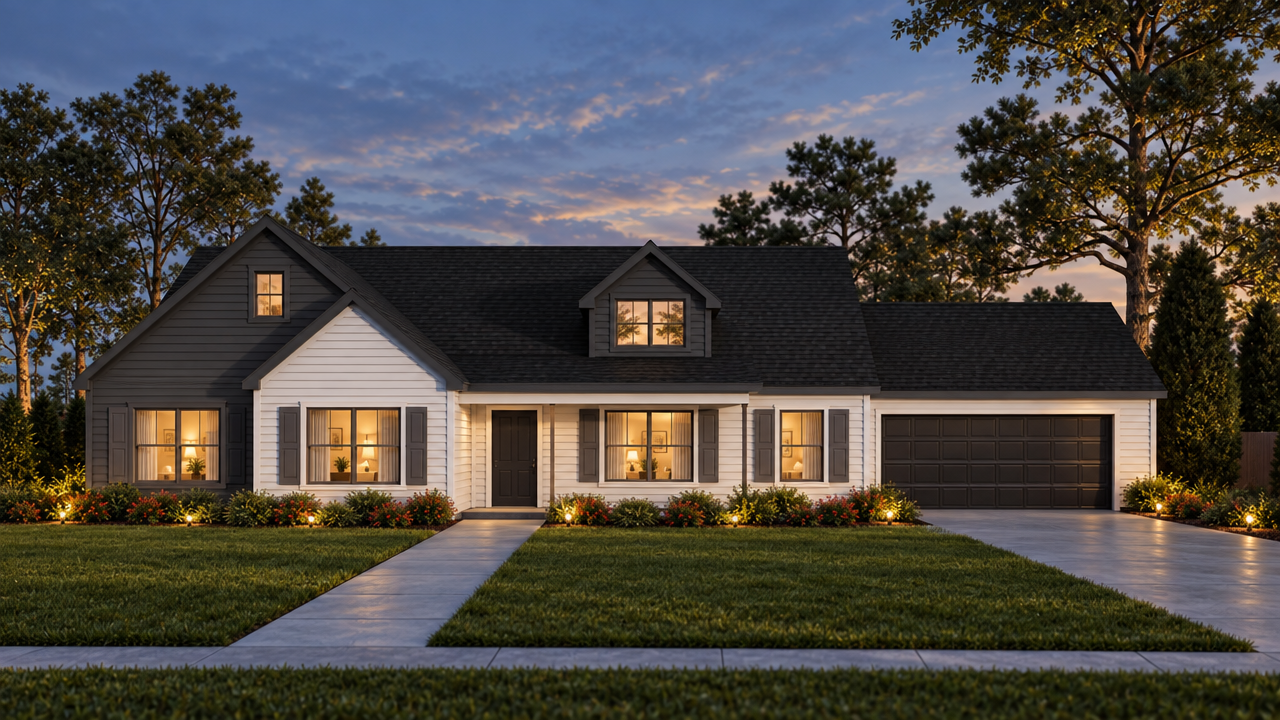 The Branford 4 home plan exterior rendering at dusk by Quality Family Homes in Florida & Georgia