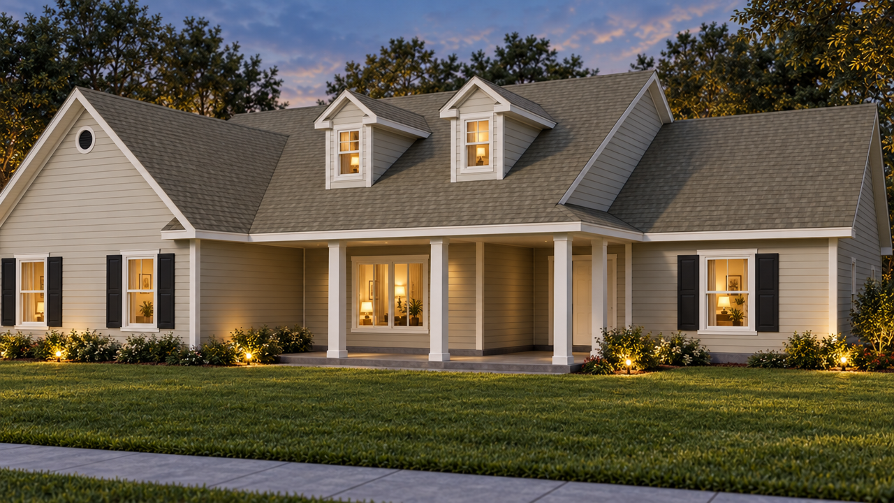 The Cordele home plan exterior rendering at dusk by Quality Family Homes in Florida & Georgia