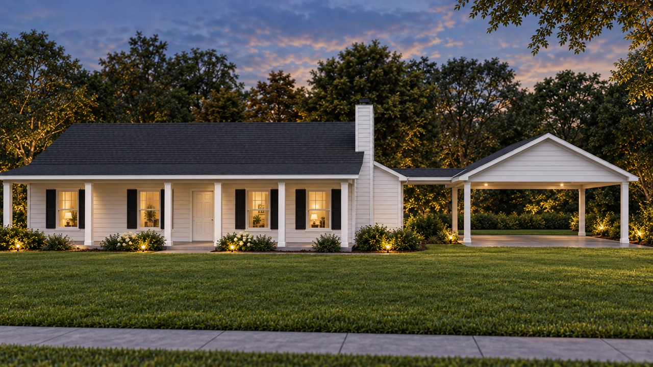 The Live Oak home plan exterior rendering at dusk by Quality Family Homes in Florida & Georgia