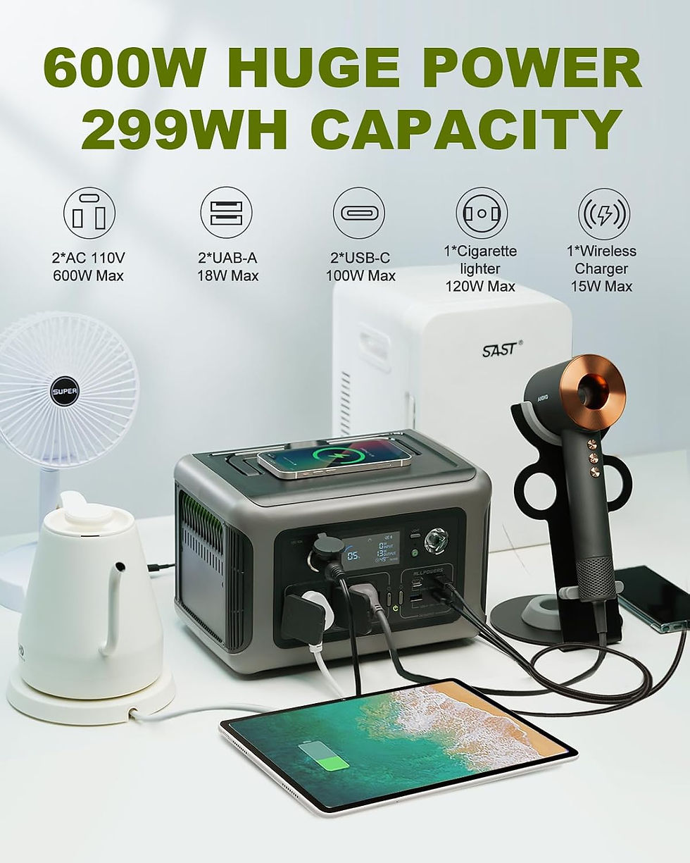 Thumbnail: ALLPOWERS Portable Power Station R600, 299Wh LiFeP04 Battery with 2x 600W (1200W