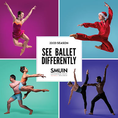 Graphic with four photos promoting Smuin's 22/23 Season titled "See Ballet Differently"