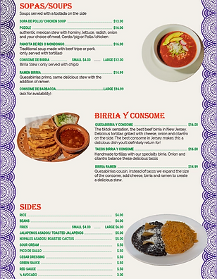 Soups, quesabirria, tacos birria, consome and sides page