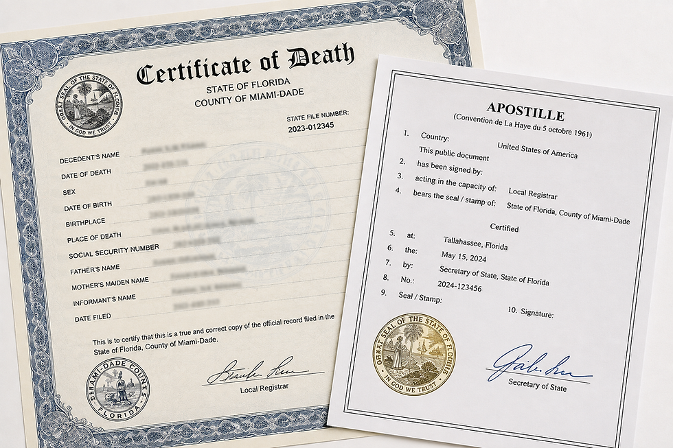 Florida death certificate with apostille certificate