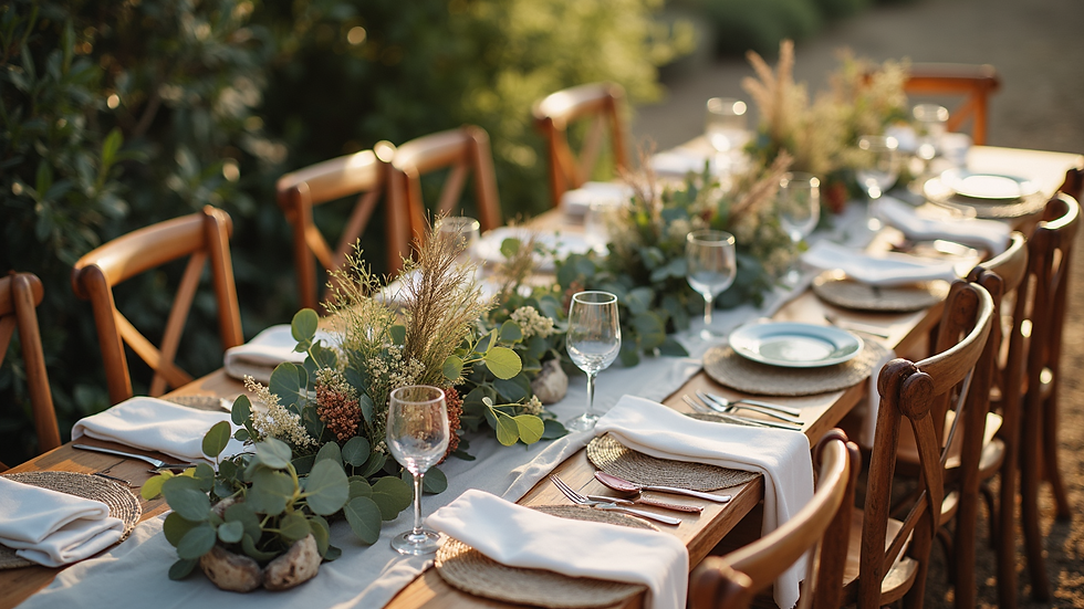 High angle view of rustic wedding decor with eucalyptus and wildflowers