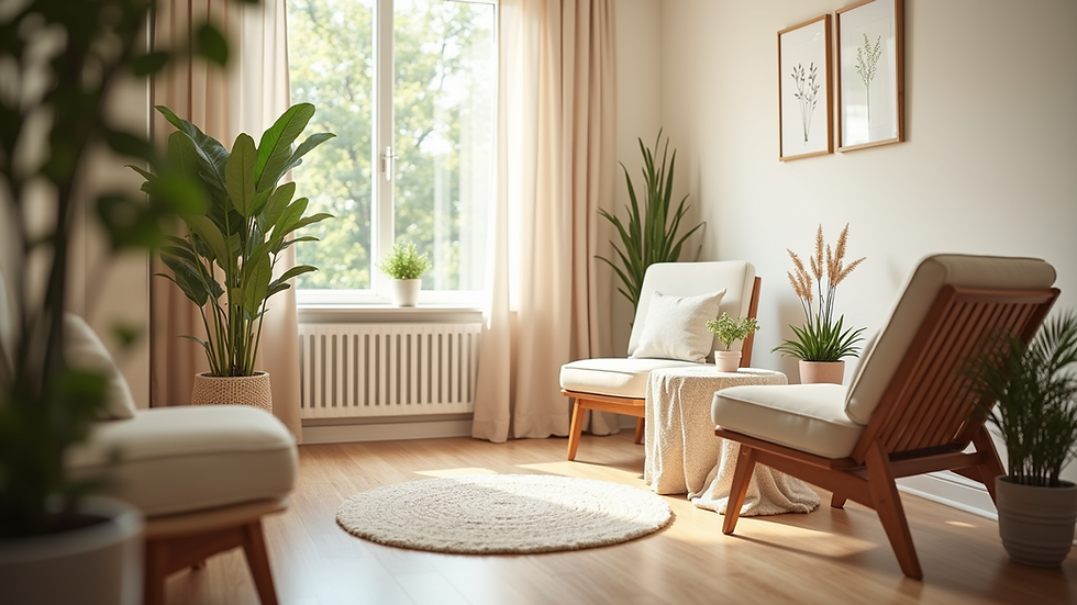 Eye-level view of a calm therapy room with soft lighting and comfortable chairs
