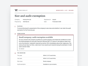 A one-page Directors Kit board note with purpose, conclusion and working