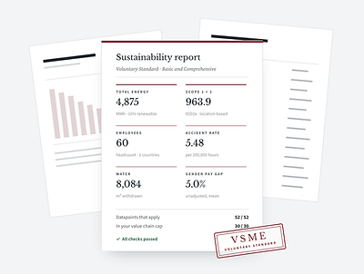 VSME Reporting Suite: a sustainability report with energy, Scope 1 and 2, employees, accident rate, water and pay gap figures, over an electricity bill and an employee register