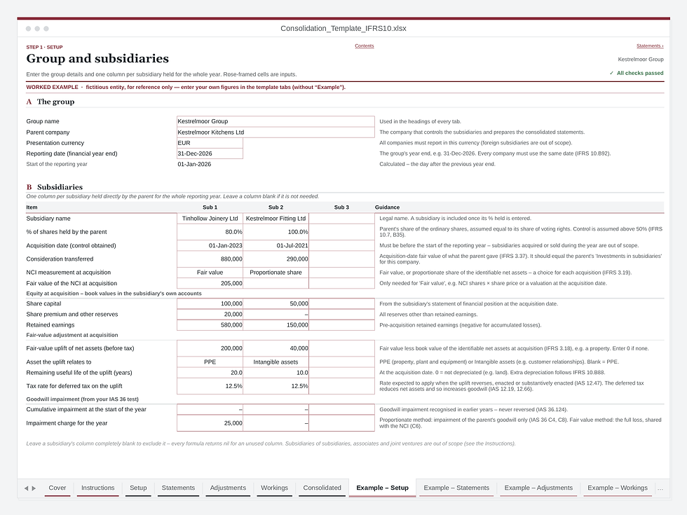 Consolidation template – Setup tab: subsidiaries, NCI measurement and fair-value adjustments (worked example)
